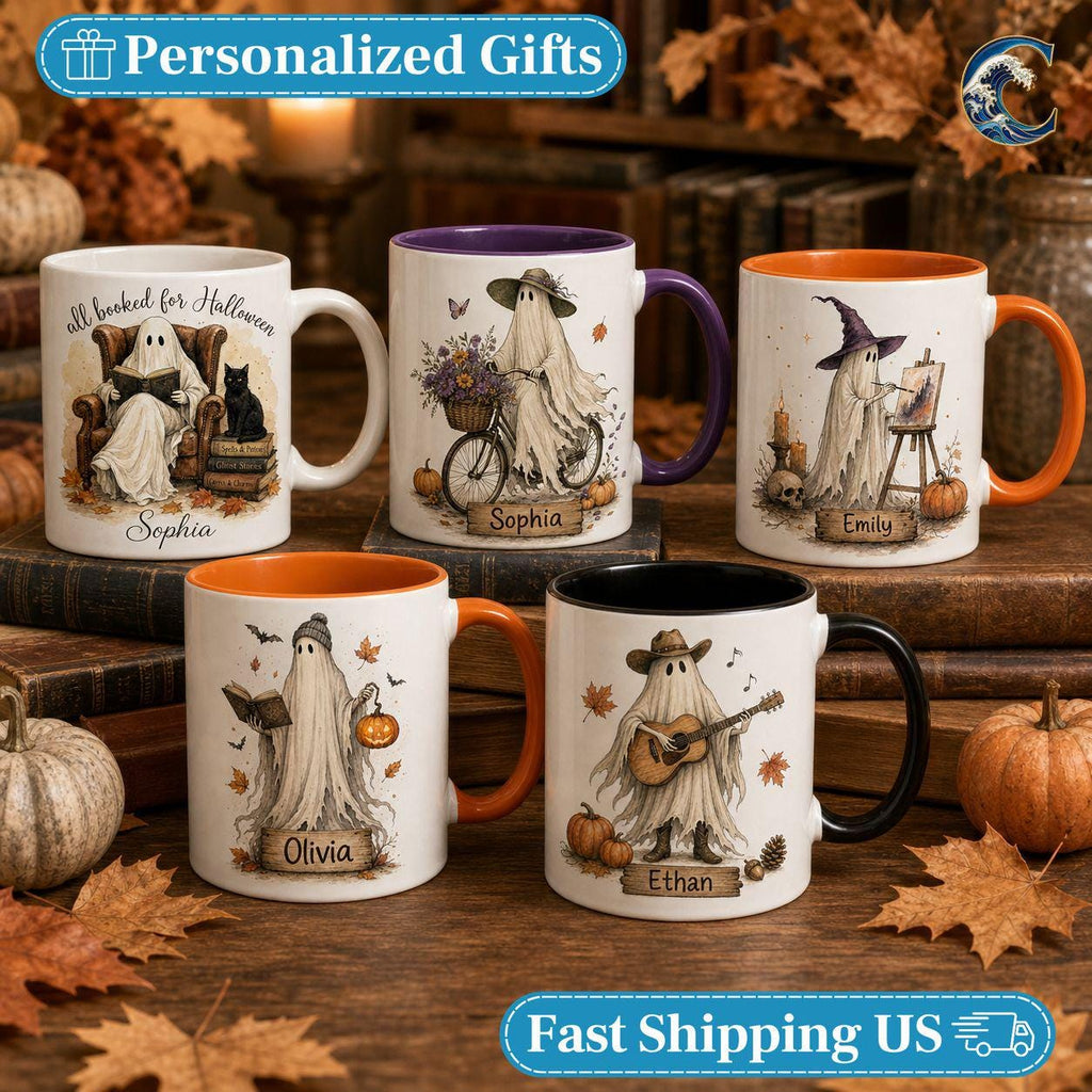 Personalized Ghost Activities Mug, Cute Ghost Set Coffee Mug, Halloween Booked Mug, Custom Name Witch Mug, Spooky Autumn Gift
