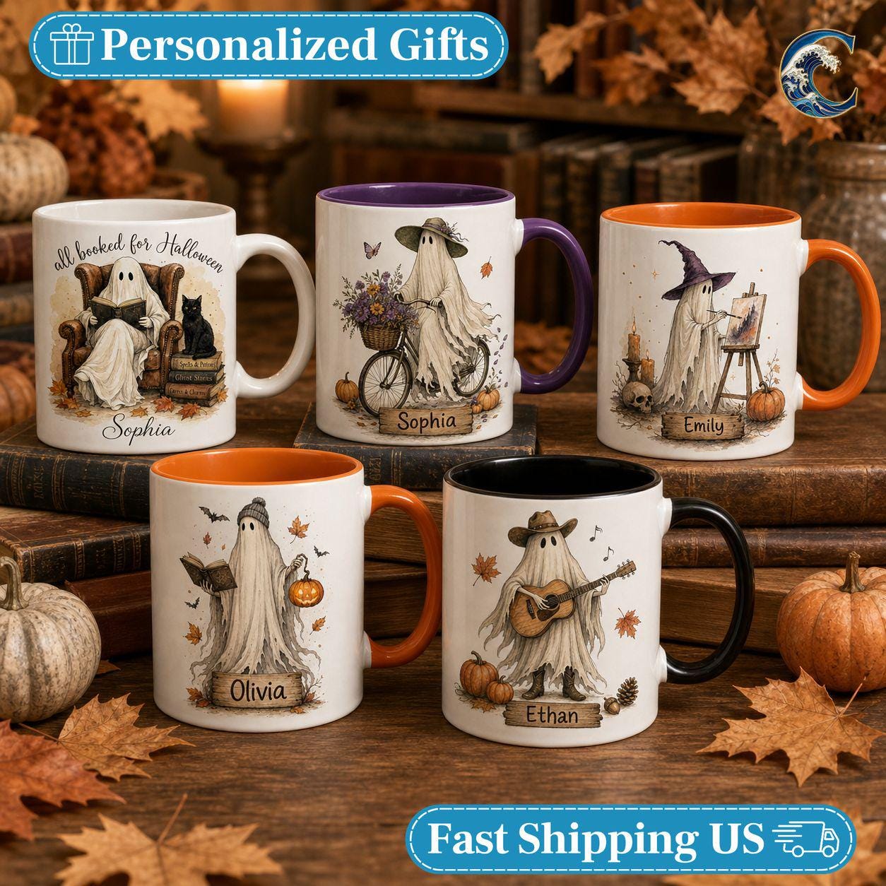 Personalized Ghost Activities Mug, Cute Ghost Set Coffee Mug, Halloween Booked Mug, Custom Name Witch Mug, Spooky Autumn Gift