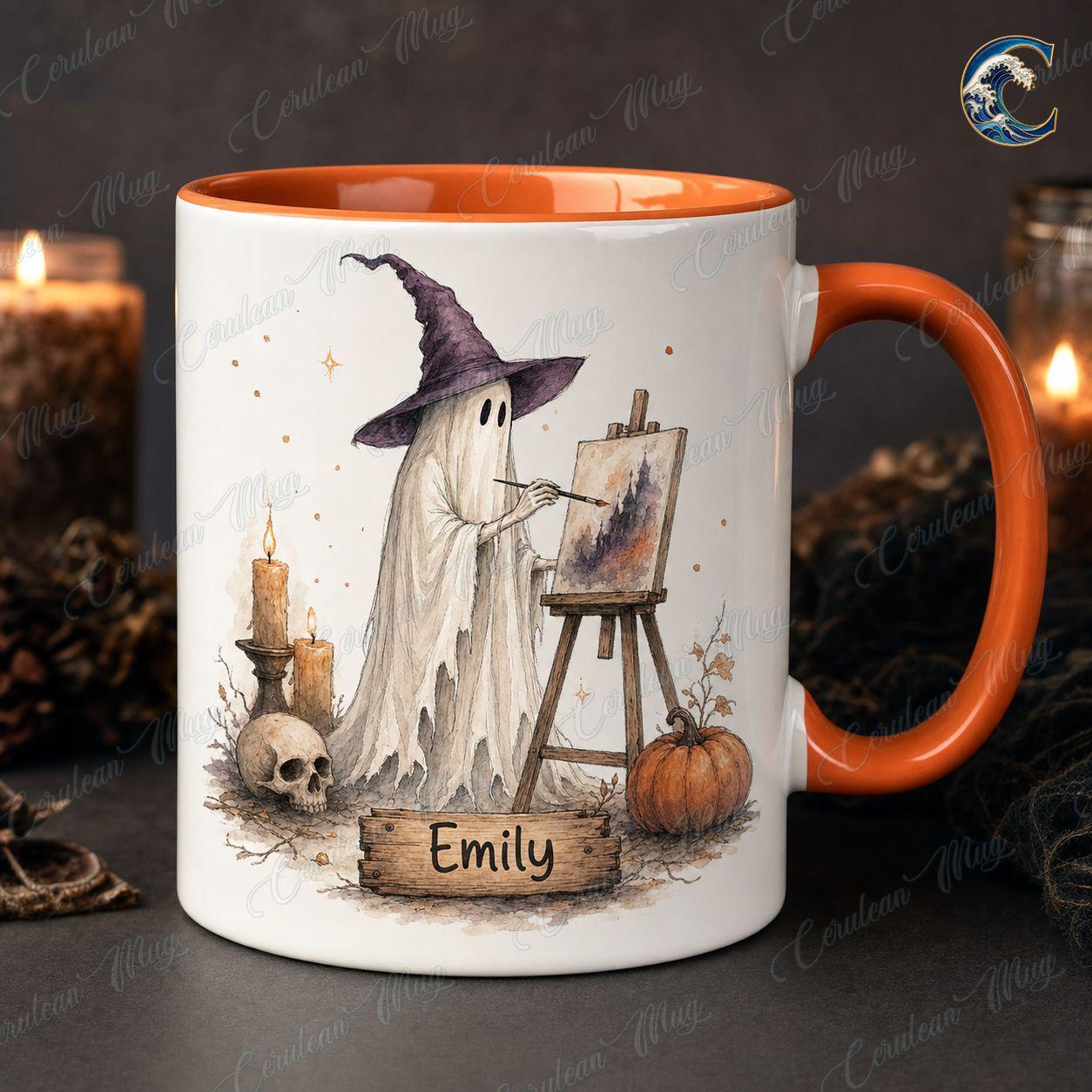 Personalized Ghost Activities Mug, Cute Ghost Set Coffee Mug, Halloween Booked Mug, Custom Name Witch Mug, Spooky Autumn Gift