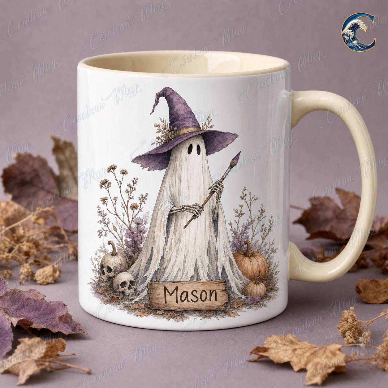 Personalized Ghost Activities Mug, Cute Ghost Set Coffee Mug, Halloween Booked Mug, Custom Name Witch Mug, Spooky Autumn Gift