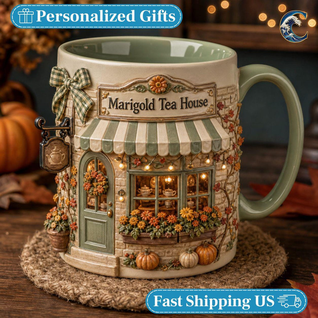 Personalized Tea House Mug, Marigold Tea House Coffee Mug, Fall Flower Storefront Mug, Custom Name Storefront Mug, Cozy Autumn Gift