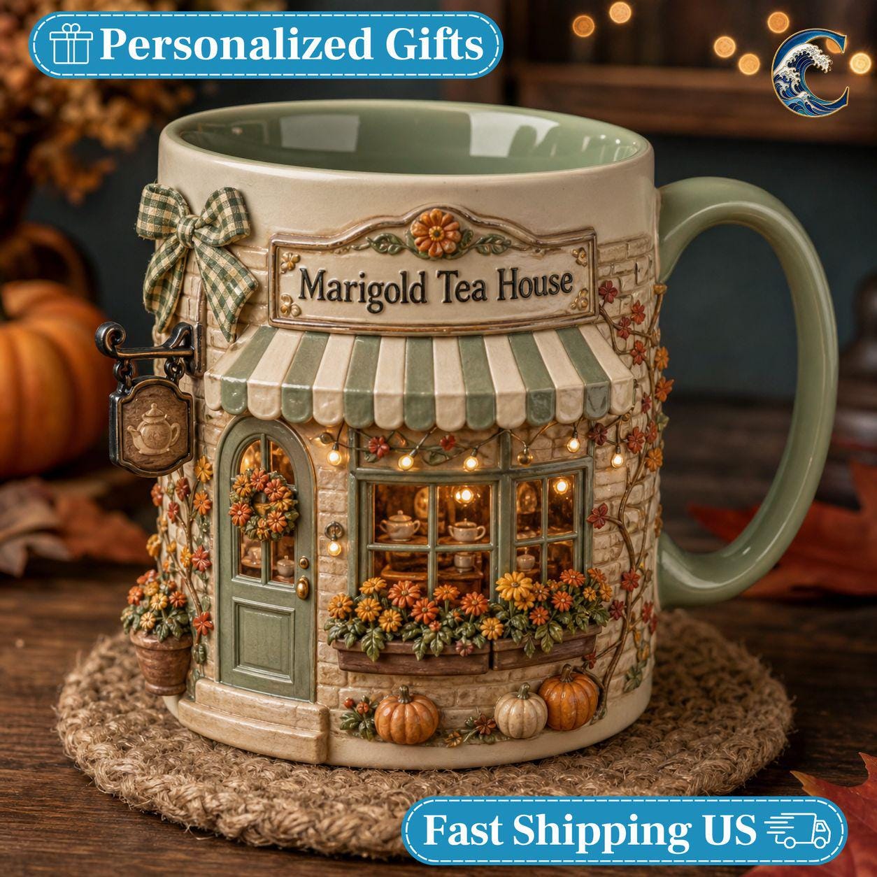 Personalized Tea House Mug, Marigold Tea House Coffee Mug, Fall Flower Storefront Mug, Custom Name Storefront Mug, Cozy Autumn Gift