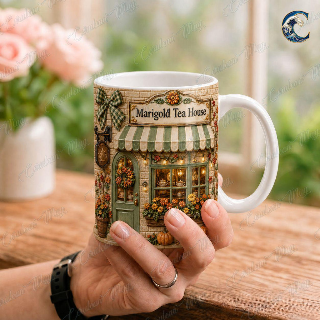 Personalized Tea House Mug, Marigold Tea House Coffee Mug, Fall Flower Storefront Mug, Custom Name Storefront Mug, Cozy Autumn Gift