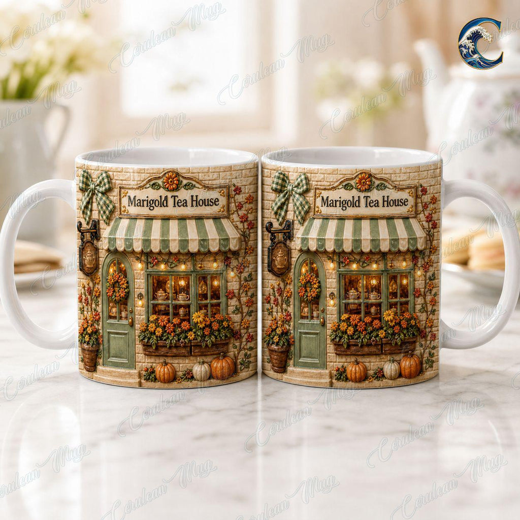 Personalized Tea House Mug, Marigold Tea House Coffee Mug, Fall Flower Storefront Mug, Custom Name Storefront Mug, Cozy Autumn Gift