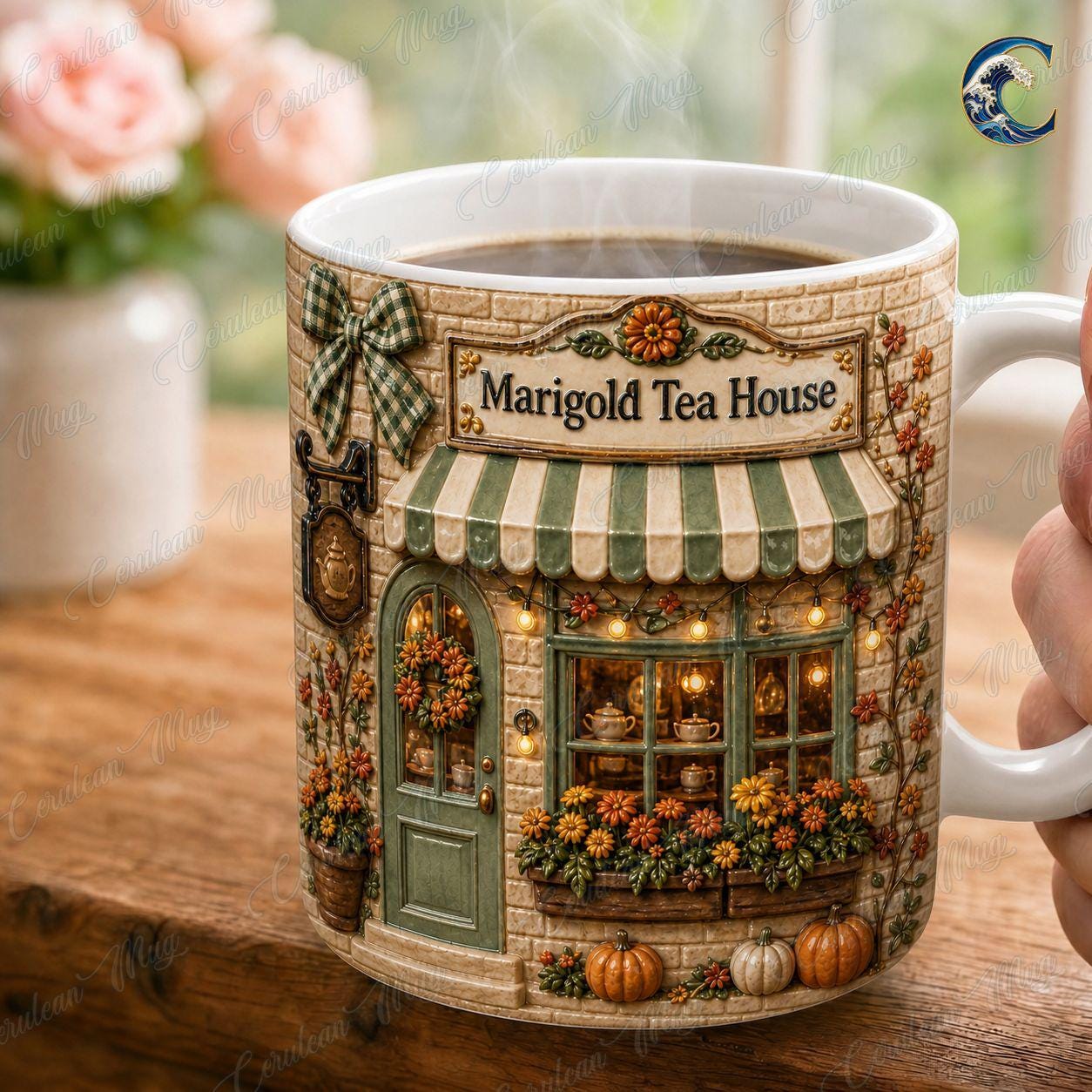 Personalized Tea House Mug, Marigold Tea House Coffee Mug, Fall Flower Storefront Mug, Custom Name Storefront Mug, Cozy Autumn Gift