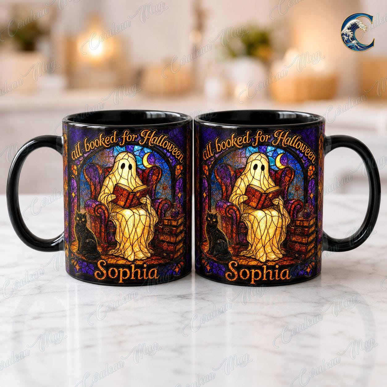 Personalized Stained Glass Mug, Booked Ghost Coffee Mug, Halloween Cat Book Mug, Custom Name Black Mug, Spooky Reading Gift