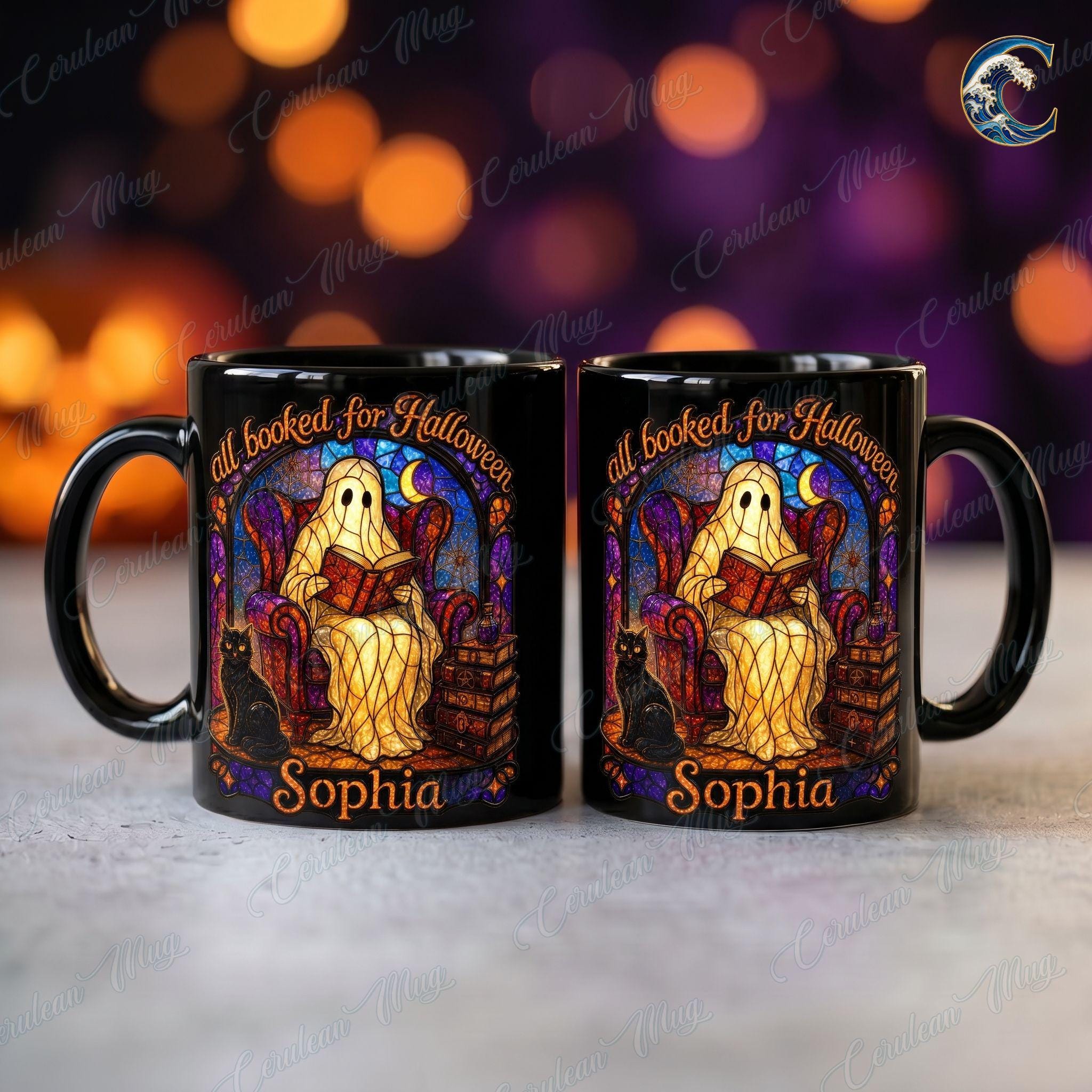 Personalized Stained Glass Mug, Booked Ghost Coffee Mug, Halloween Cat Book Mug, Custom Name Black Mug, Spooky Reading Gift