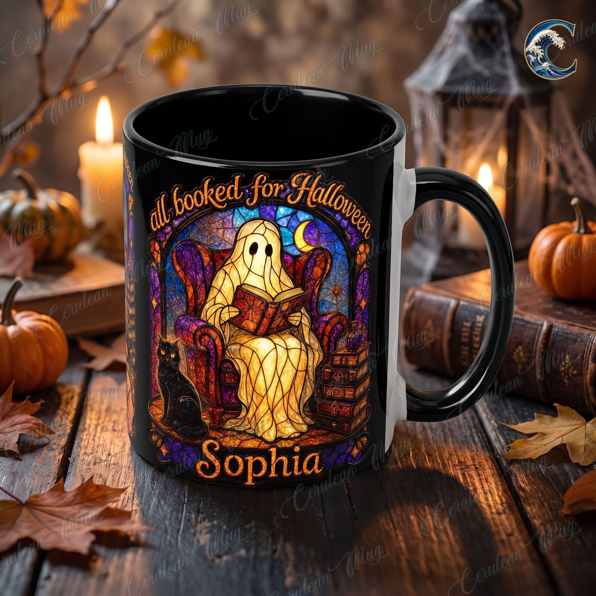 Personalized Stained Glass Mug, Booked Ghost Coffee Mug, Halloween Cat Book Mug, Custom Name Black Mug, Spooky Reading Gift