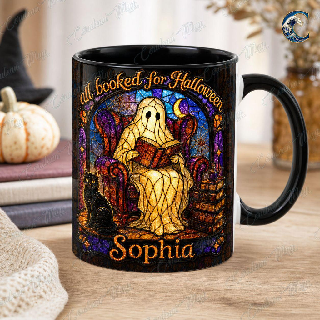 Personalized Stained Glass Mug, Booked Ghost Coffee Mug, Halloween Cat Book Mug, Custom Name Black Mug, Spooky Reading Gift