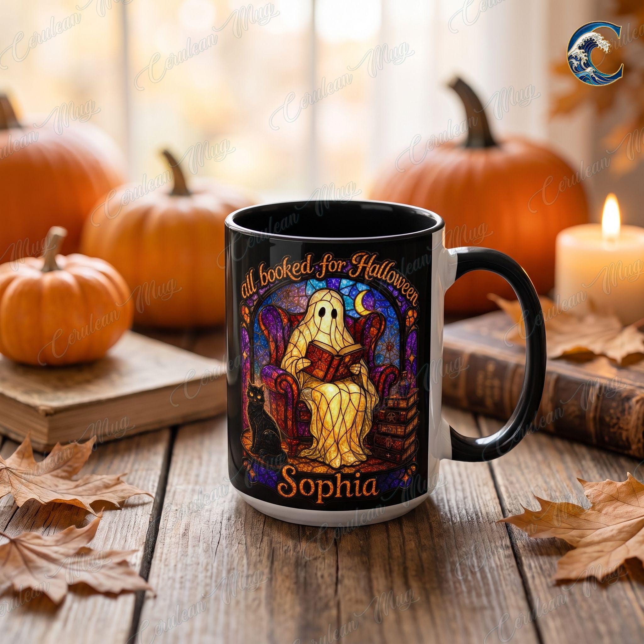 Personalized Stained Glass Mug, Booked Ghost Coffee Mug, Halloween Cat Book Mug, Custom Name Black Mug, Spooky Reading Gift