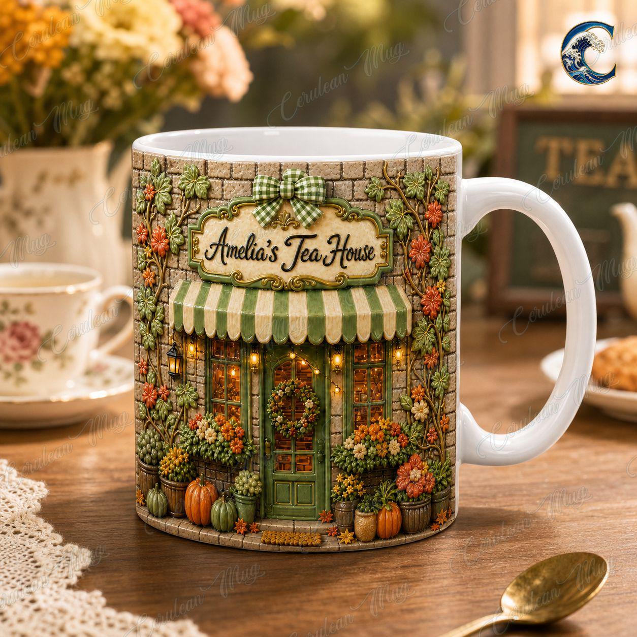 Personalized Tea Shop Mug, Sculpted Tea House Coffee Mug, Cozy Fall Storefront Mug, Custom Name Floral Mug, Autumn Tea Gift