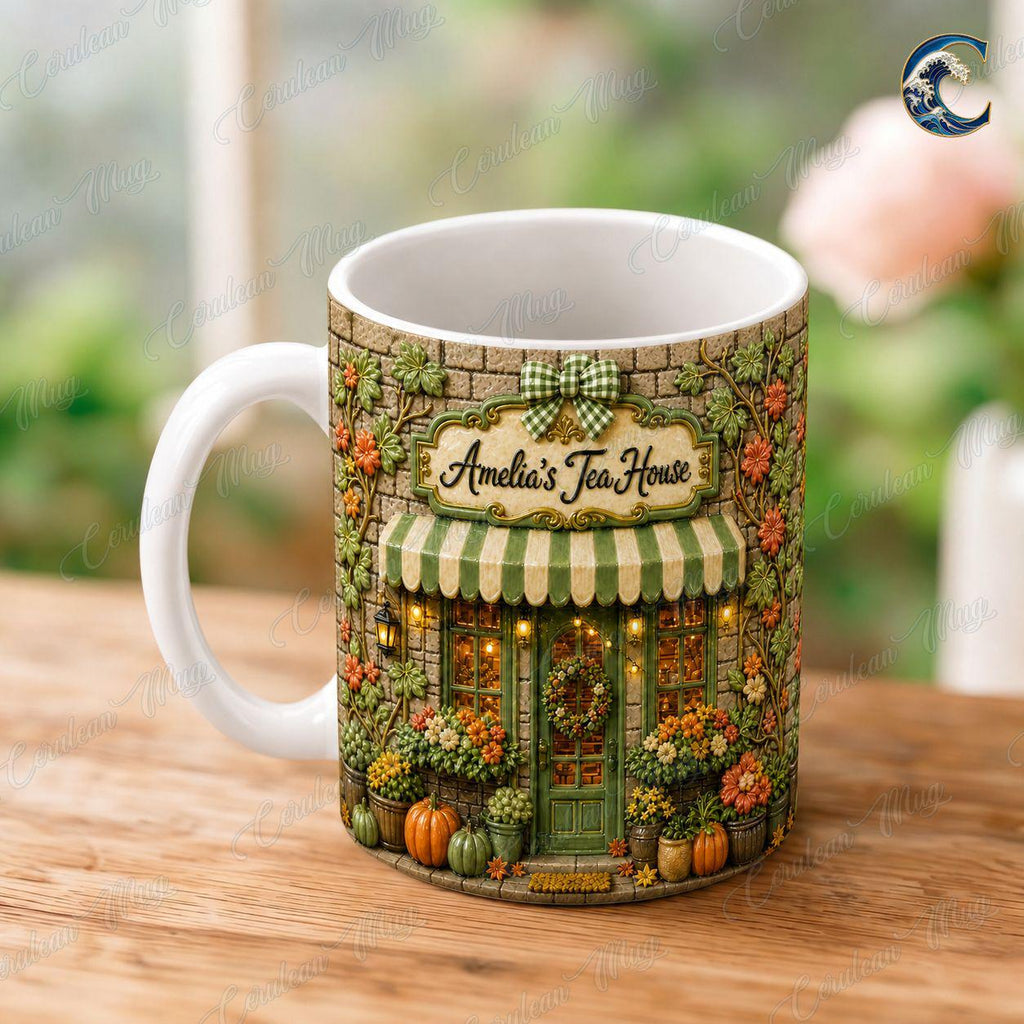 Personalized Tea Shop Mug, Sculpted Tea House Coffee Mug, Cozy Fall Storefront Mug, Custom Name Floral Mug, Autumn Tea Gift