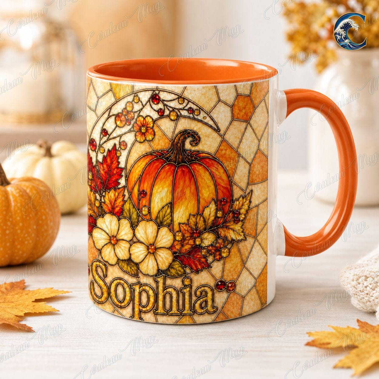 Personalized Stained Glass Pumpkin Mug, Custom Name Pumpkin Coffee Mug, Fall Floral Mug, Autumn Leaves Mug, Thanksgiving Gift