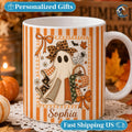 Personalized Ghost Bow Mug, Custom Name Halloween Coffee Mug, Cute Patchwork Ghost Mug, Fall Ghost Mug, Halloween Patchwork Gift
