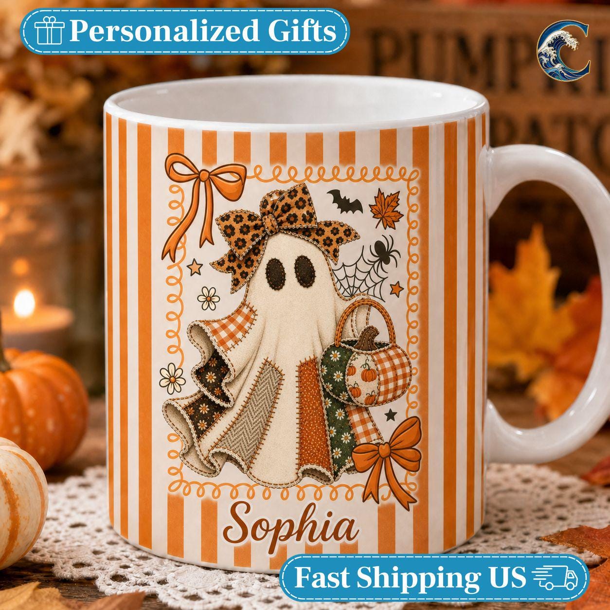 Personalized Ghost Bow Mug, Custom Name Halloween Coffee Mug, Cute Patchwork Ghost Mug, Fall Ghost Mug, Halloween Patchwork Gift