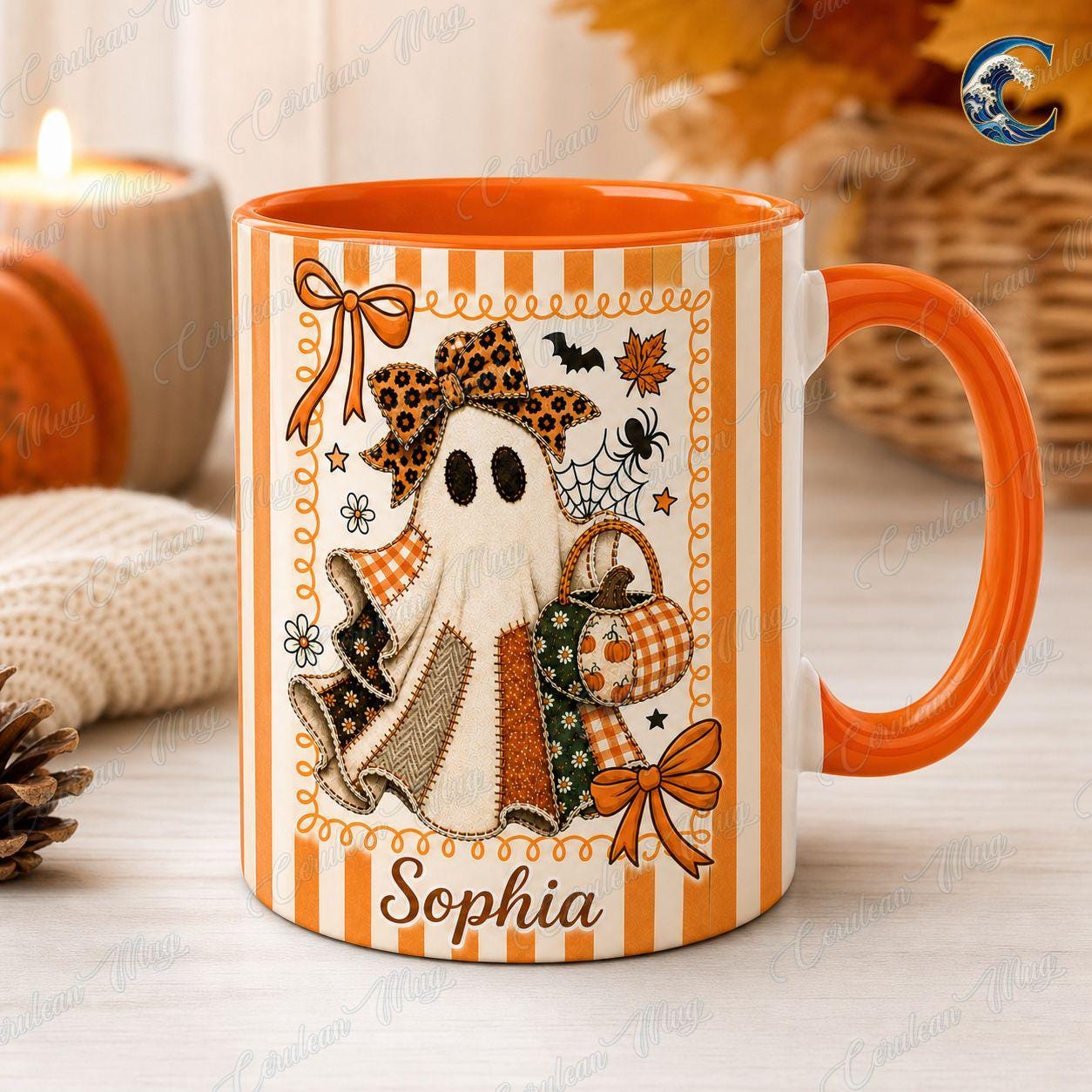 Personalized Ghost Bow Mug, Custom Name Halloween Coffee Mug, Cute Patchwork Ghost Mug, Fall Ghost Mug, Halloween Patchwork Gift