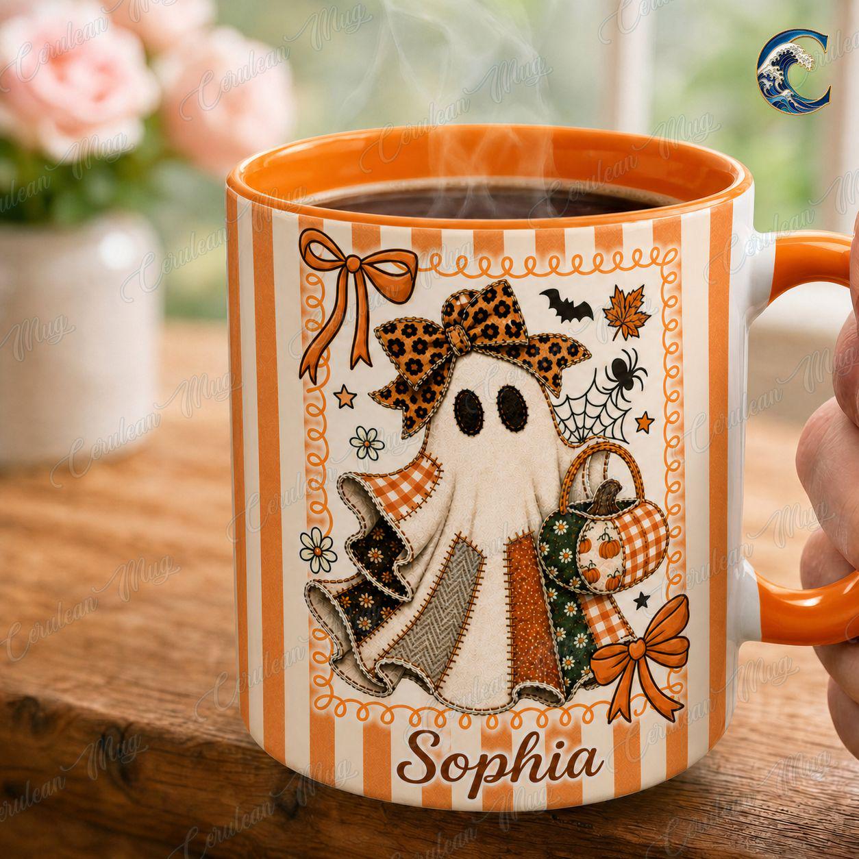 Personalized Ghost Bow Mug, Custom Name Halloween Coffee Mug, Cute Patchwork Ghost Mug, Fall Ghost Mug, Halloween Patchwork Gift