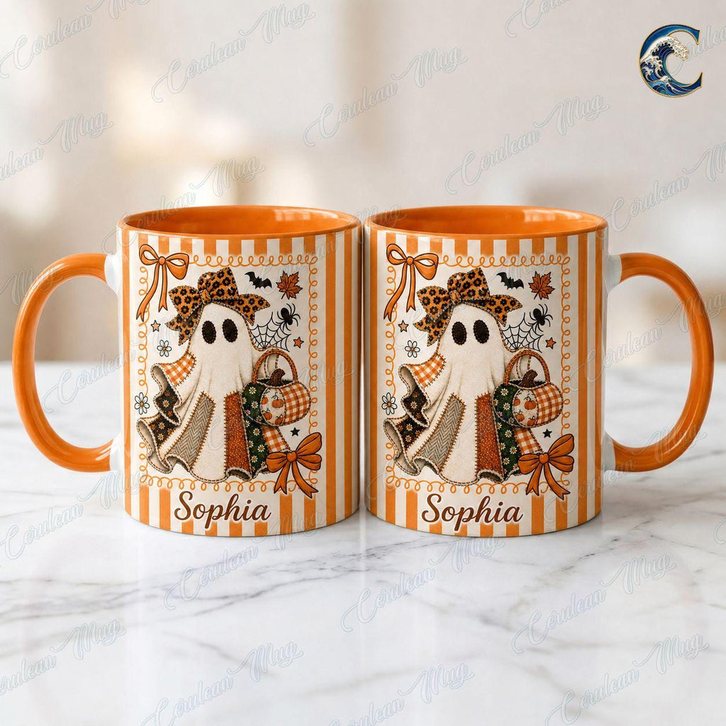 Personalized Ghost Bow Mug, Custom Name Halloween Coffee Mug, Cute Patchwork Ghost Mug, Fall Ghost Mug, Halloween Patchwork Gift