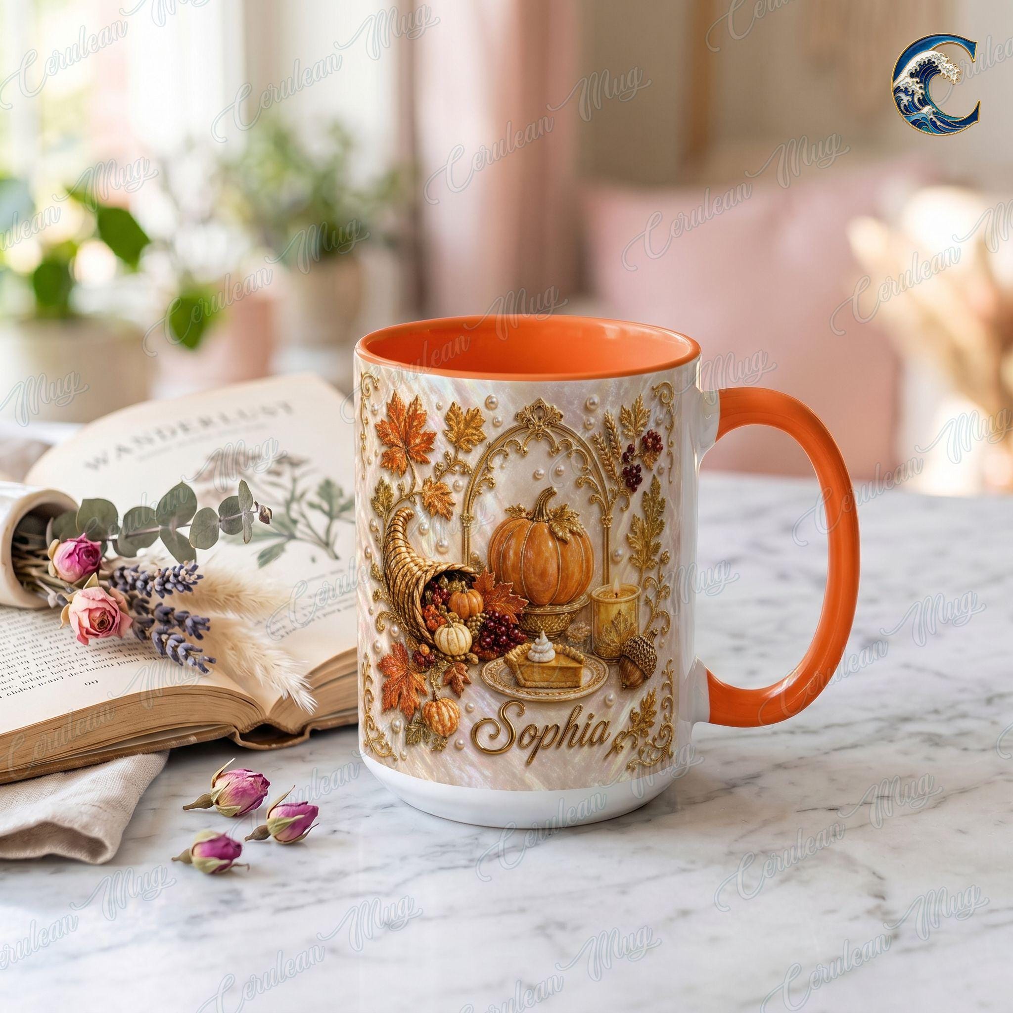 Personalized Name Thanksgiving Mug, Elegant Pearl Cornucopia Coffee Mug, Thanksgiving Pumpkin Mug, Fall Harvest Mug, Thanksgiving  Gift