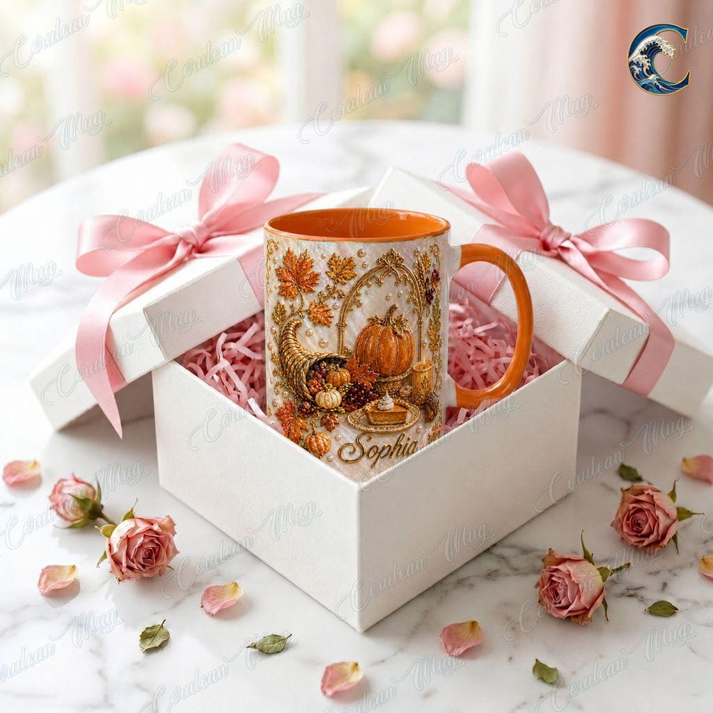 Personalized Name Thanksgiving Mug, Elegant Pearl Cornucopia Coffee Mug, Thanksgiving Pumpkin Mug, Fall Harvest Mug, Thanksgiving  Gift