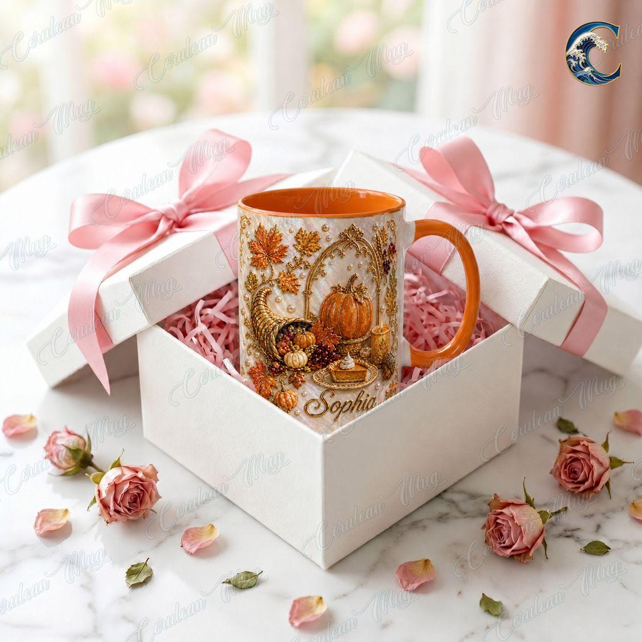 Personalized Name Thanksgiving Mug, Elegant Pearl Cornucopia Coffee Mug, Thanksgiving Pumpkin Mug, Fall Harvest Mug, Thanksgiving  Gift