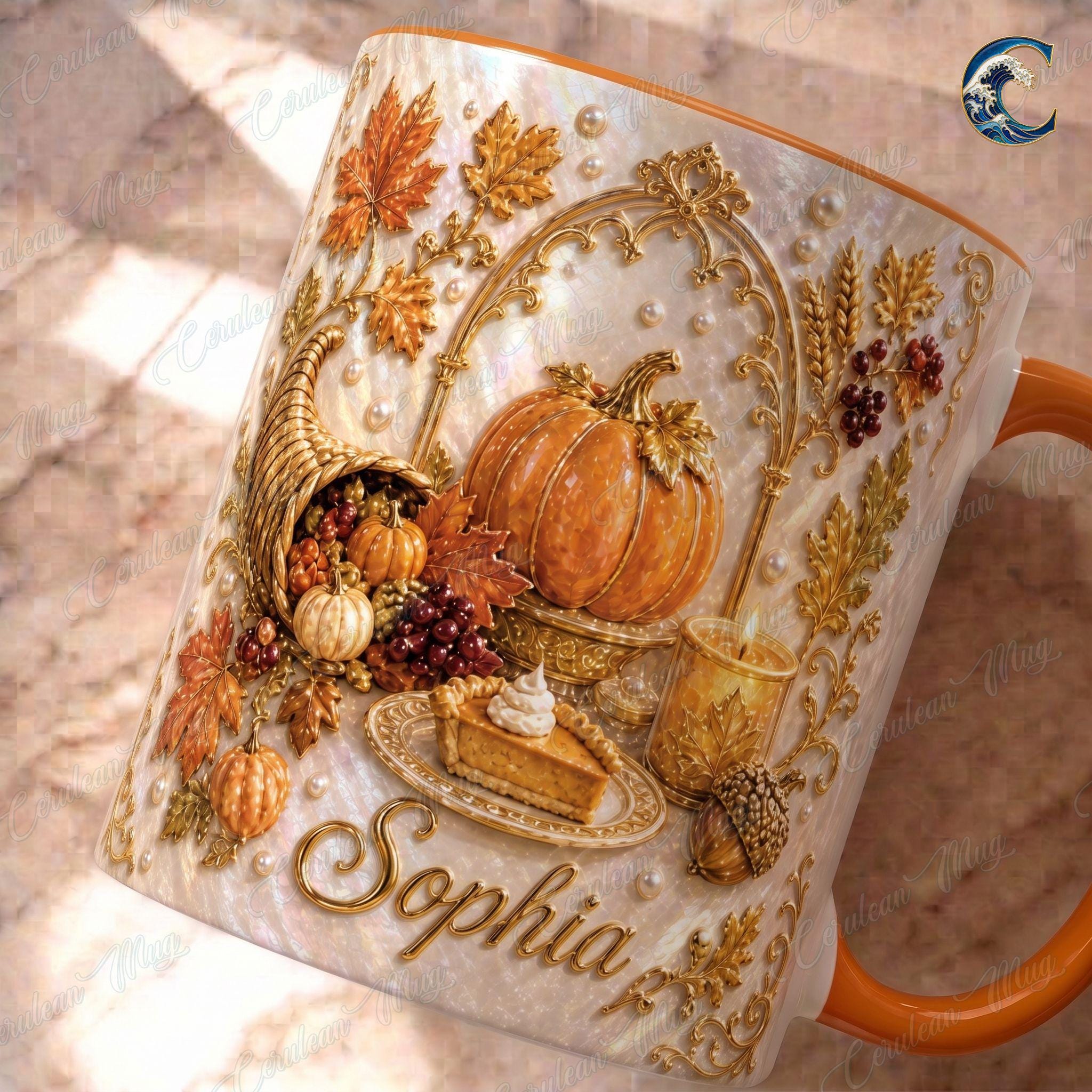 Personalized Name Thanksgiving Mug, Elegant Pearl Cornucopia Coffee Mug, Thanksgiving Pumpkin Mug, Fall Harvest Mug, Thanksgiving  Gift