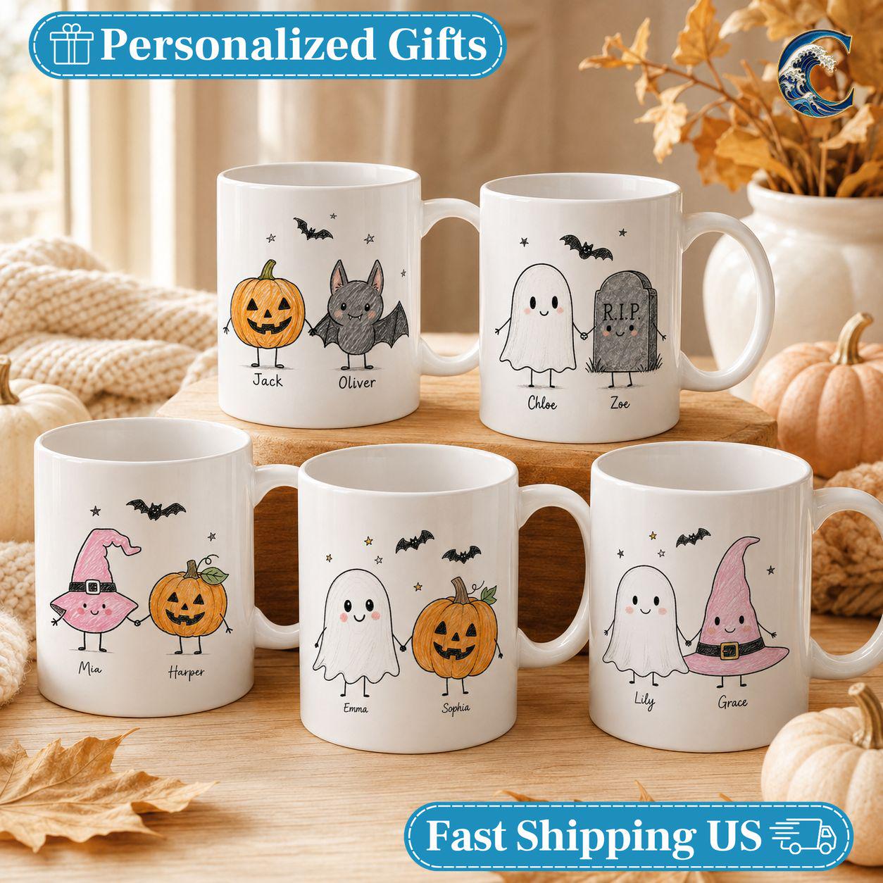 Personalized Halloween Kids Mug, Best Friend Coffee Mug, Pumpkin Ghost Squad Mug, Trick or Treat Mug, Halloween Party Gift