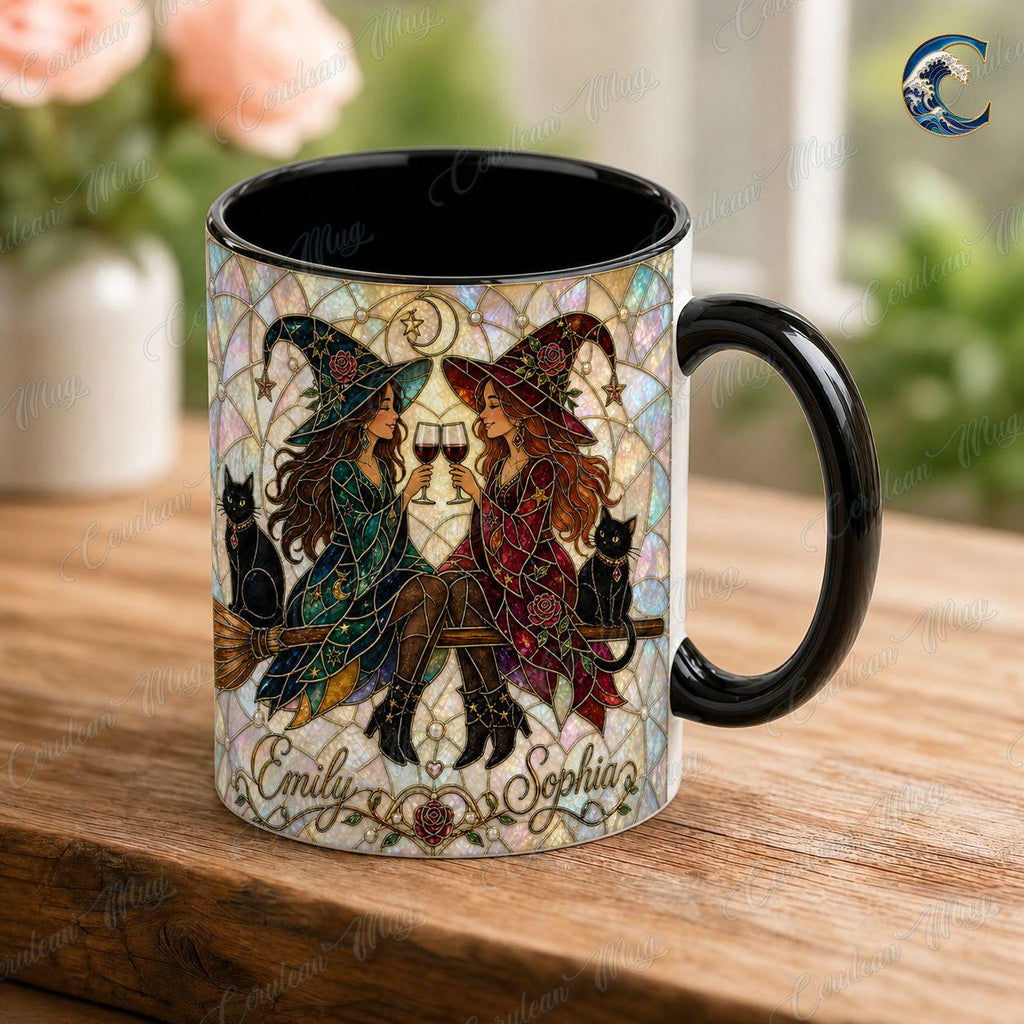 Personalized Witch Sisters Mug, Stained Glass Art Coffee Mug, Best Friend Witches Mug, Black Cat Wine Mug, Fall Witch Gift