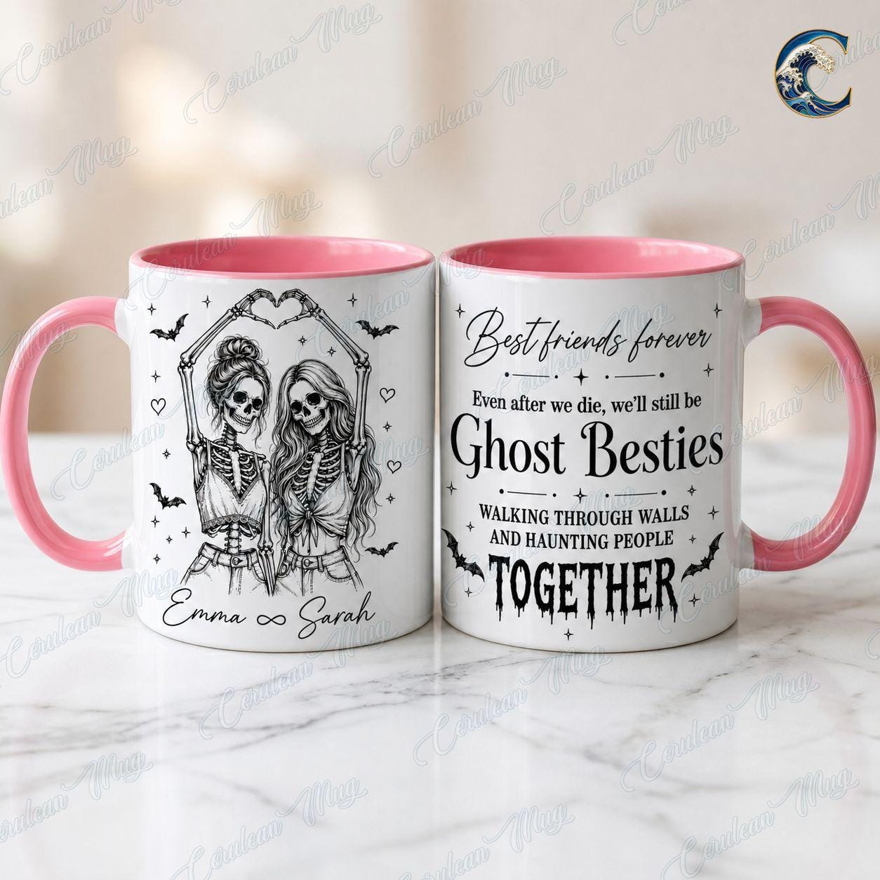 Personalized Skeleton Besties Mug, Ghost Besties Coffee Mug, Heart Hands Bestie Mug, Halloween Friend Quote Mug, Spooky Season Gift