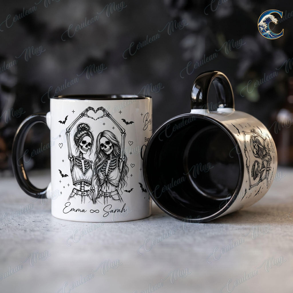 Personalized Skeleton Besties Mug, Ghost Besties Coffee Mug, Heart Hands Bestie Mug, Halloween Friend Quote Mug, Spooky Season Gift