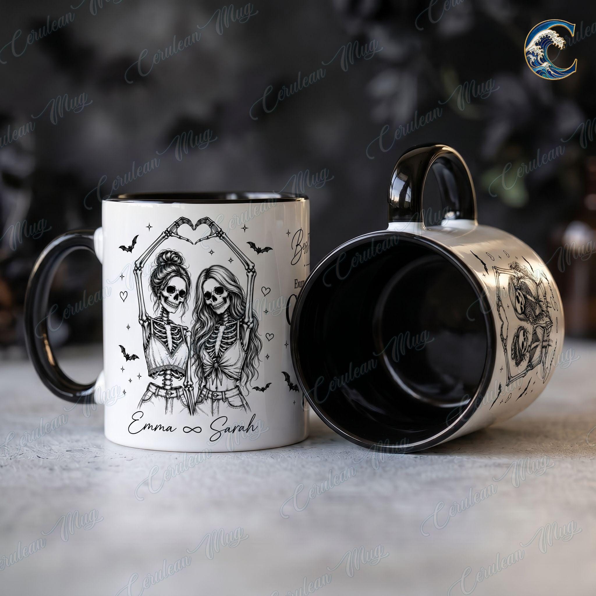 Personalized Skeleton Besties Mug, Ghost Besties Coffee Mug, Heart Hands Bestie Mug, Halloween Friend Quote Mug, Spooky Season Gift