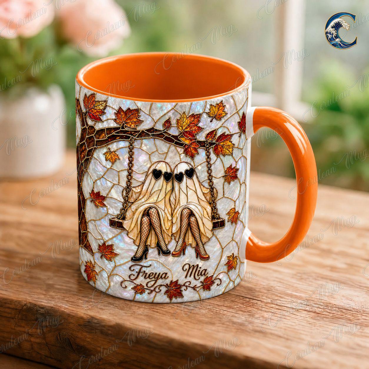 Personalized Ghost Twins Mug, Fall Leaves Stained Glass Coffee Mug, Heart Sunglasses Ghost Mug, Autumn Bestie Swing Mug, Autumn Bestie Gift
