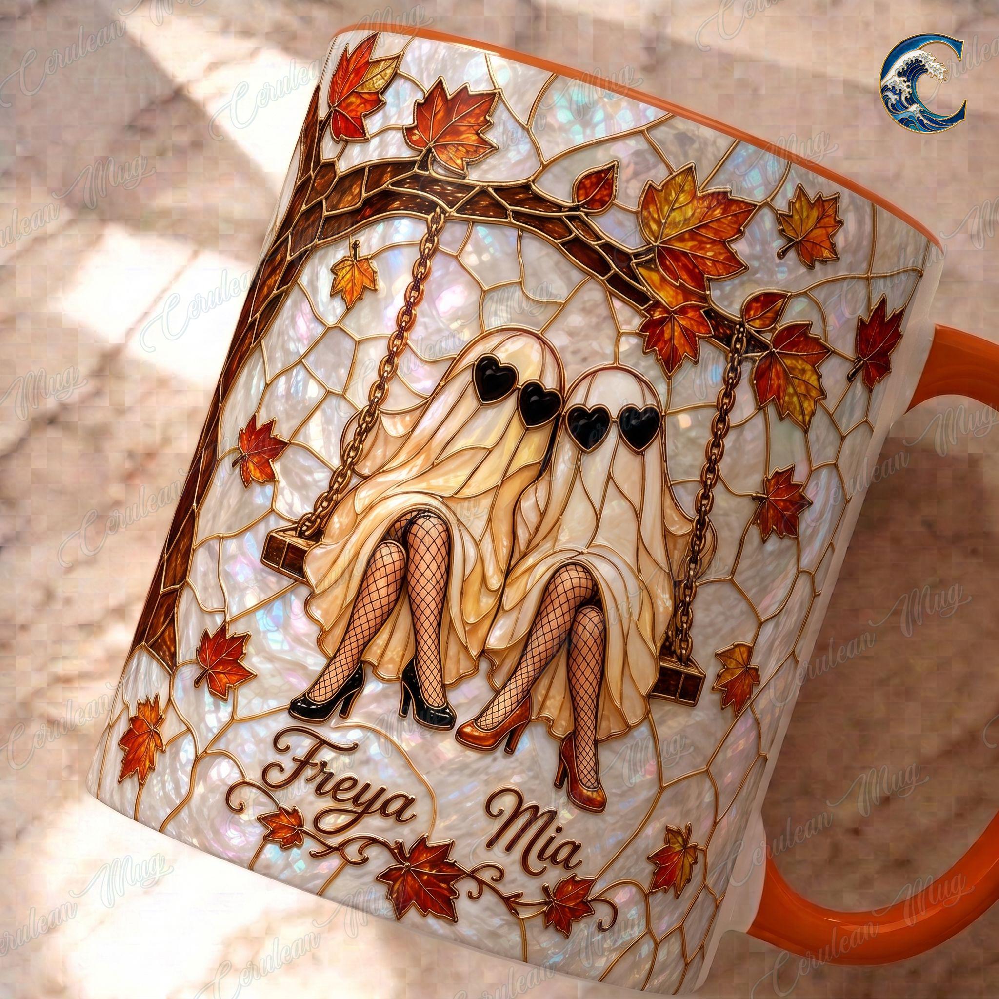 Personalized Ghost Twins Mug, Fall Leaves Stained Glass Coffee Mug, Heart Sunglasses Ghost Mug, Autumn Bestie Swing Mug, Autumn Bestie Gift