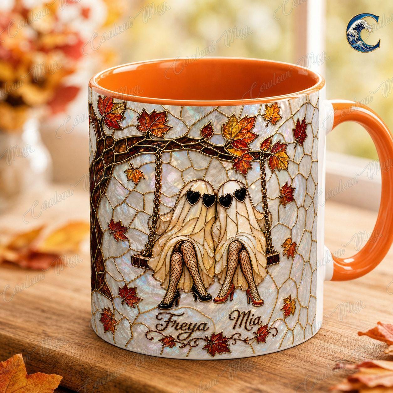 Personalized Ghost Twins Mug, Fall Leaves Stained Glass Coffee Mug, Heart Sunglasses Ghost Mug, Autumn Bestie Swing Mug, Autumn Bestie Gift