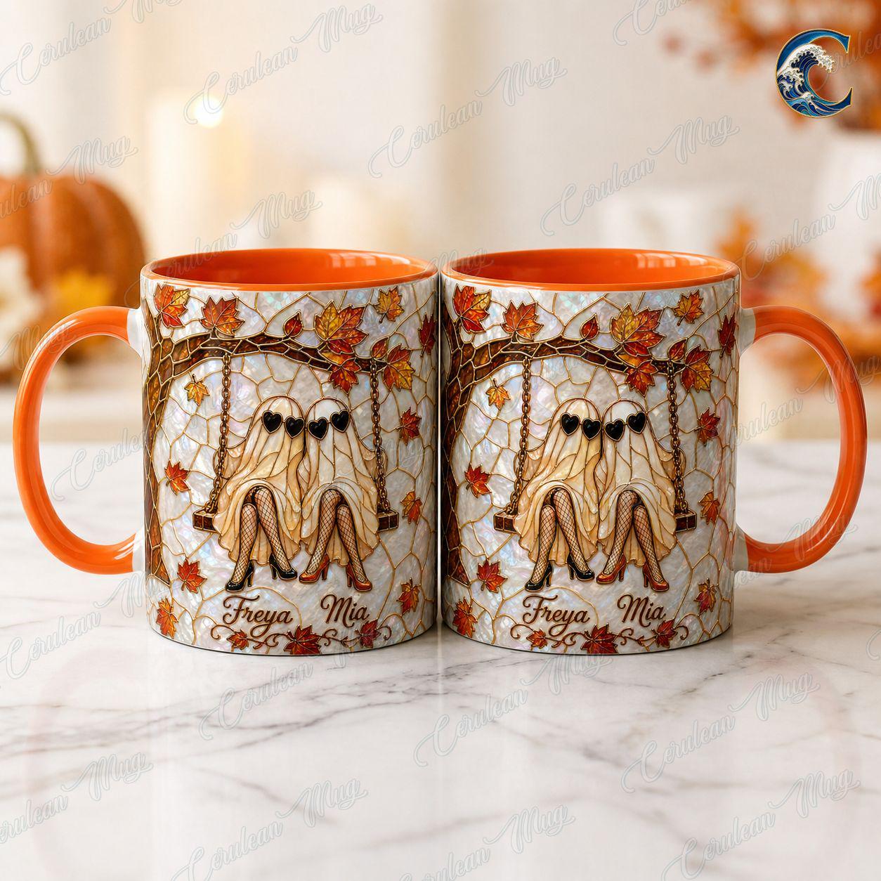 Personalized Ghost Twins Mug, Fall Leaves Stained Glass Coffee Mug, Heart Sunglasses Ghost Mug, Autumn Bestie Swing Mug, Autumn Bestie Gift