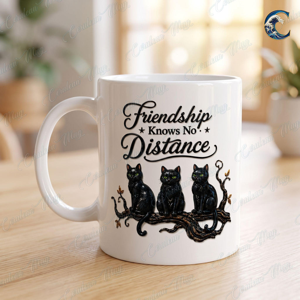 Personalized Witch Trio Mug, Friendship Knows No Distance Coffee Mug, Long Distance Bestie Mug, Black Cat Witch Mug, Halloween Friend Gift