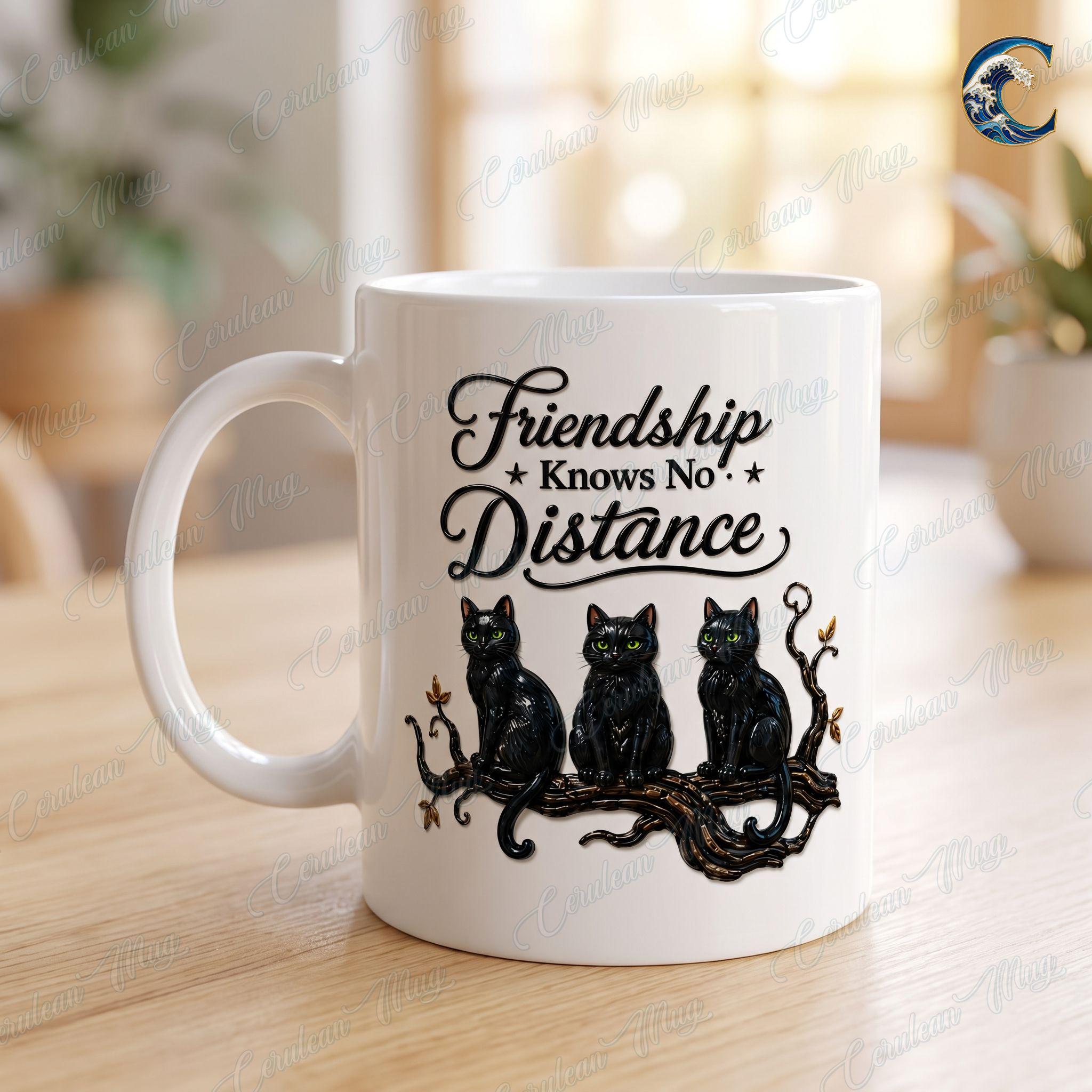 Personalized Witch Trio Mug, Friendship Knows No Distance Coffee Mug, Long Distance Bestie Mug, Black Cat Witch Mug, Halloween Friend Gift