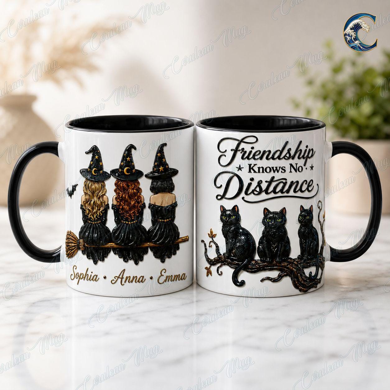 Personalized Witch Trio Mug, Friendship Knows No Distance Coffee Mug, Long Distance Bestie Mug, Black Cat Witch Mug, Halloween Friend Gift