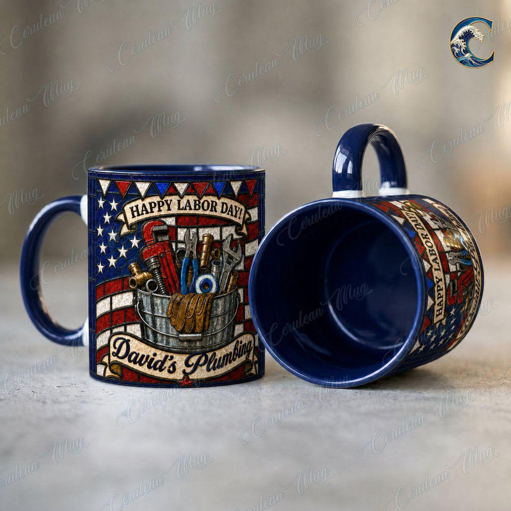 Personalized Plumber Name Mug, Custom Business Name Coffee Mug, Happy Labor Day Mug, American Flag Tools Mug, Plumber Gift