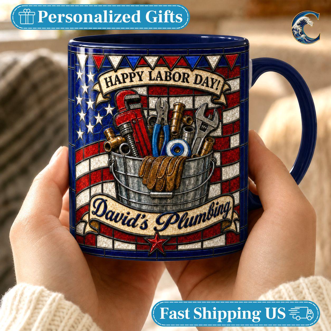 Personalized Plumber Name Mug, Custom Business Name Coffee Mug, Happy Labor Day Mug, American Flag Tools Mug, Plumber Gift