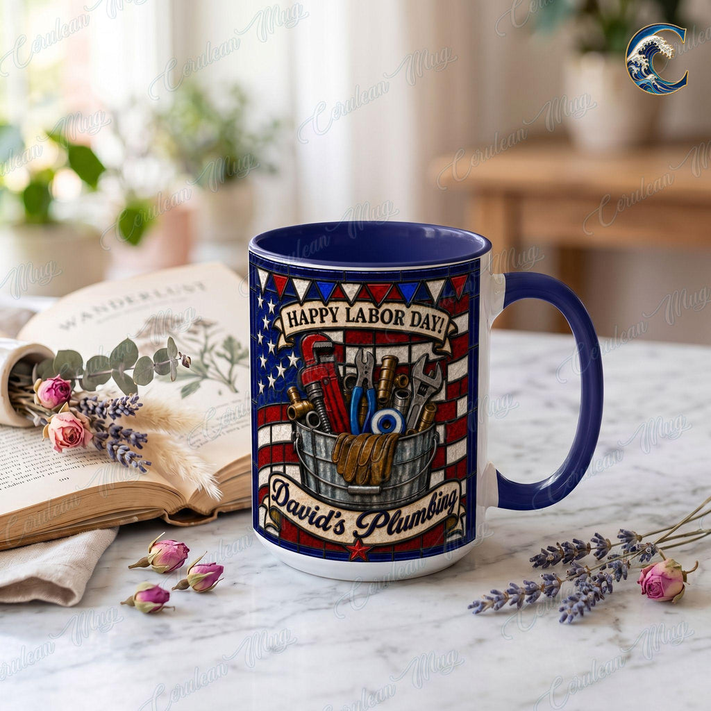 Personalized Plumber Name Mug, Custom Business Name Coffee Mug, Happy Labor Day Mug, American Flag Tools Mug, Plumber Gift
