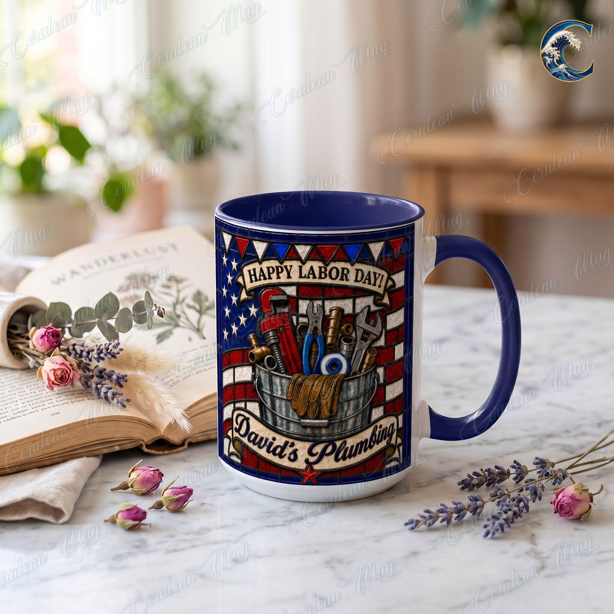 Personalized Plumber Name Mug, Custom Business Name Coffee Mug, Happy Labor Day Mug, American Flag Tools Mug, Plumber Gift