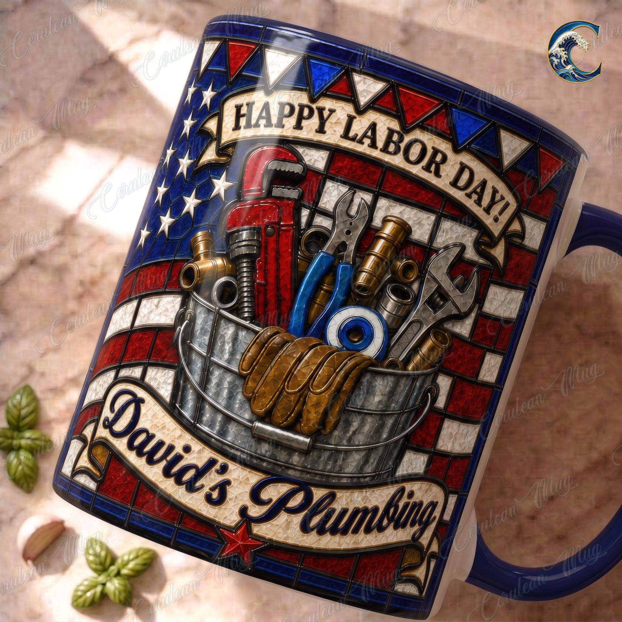 Personalized Plumber Name Mug, Custom Business Name Coffee Mug, Happy Labor Day Mug, American Flag Tools Mug, Plumber Gift