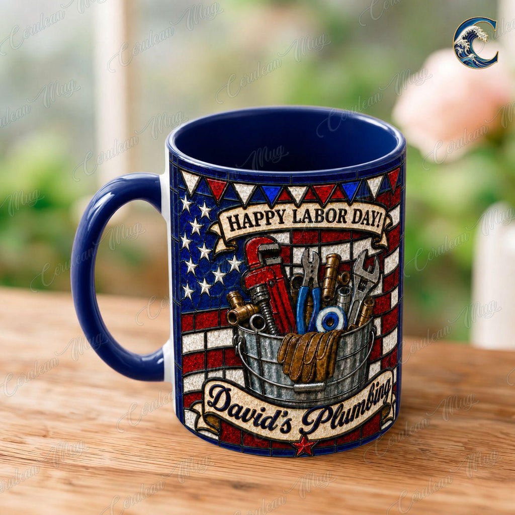 Personalized Plumber Name Mug, Custom Business Name Coffee Mug, Happy Labor Day Mug, American Flag Tools Mug, Plumber Gift