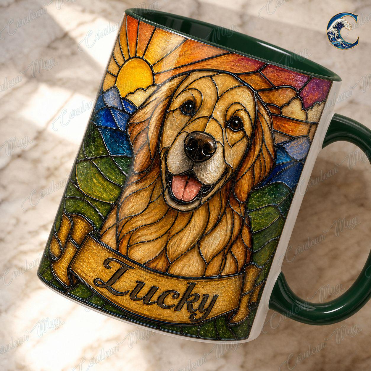 Personalized Dog Photo Name Mug, Retriever Stained Glass Coffee Mug, Dog Lover Stained Glass Mug, Pet Portrait Mug, Dog Breed Gift