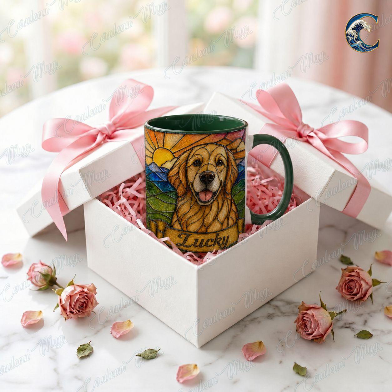 Personalized Dog Photo Name Mug, Retriever Stained Glass Coffee Mug, Dog Lover Stained Glass Mug, Pet Portrait Mug, Dog Breed Gift