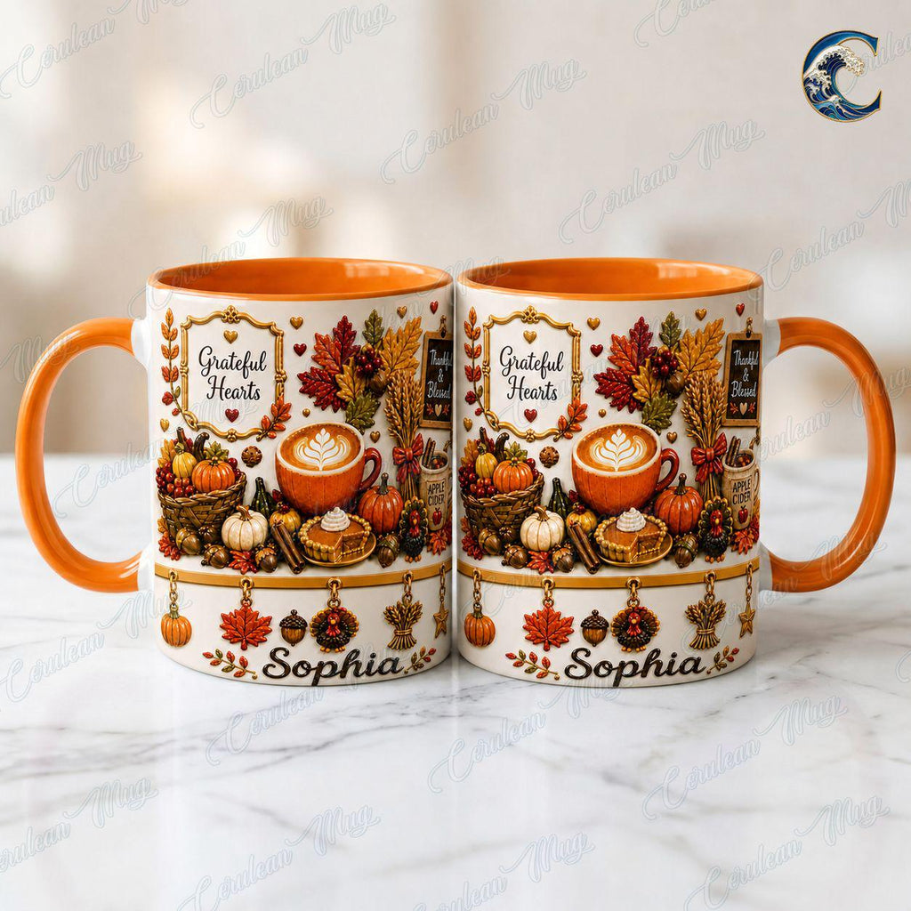 Personalized Grateful Hearts Mug, Thanksgiving Coffee Mug, Thankful Blessed Autumn Mug, Fall Season Mug, Gratitude Holiday Gift