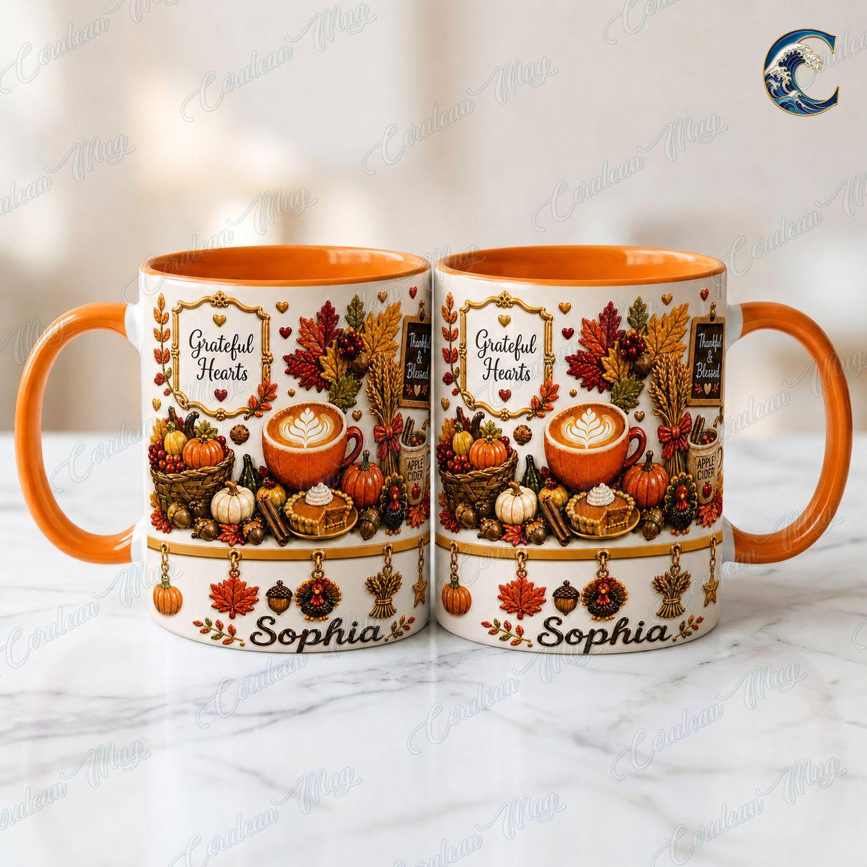 Personalized Grateful Hearts Mug, Thanksgiving Coffee Mug, Thankful Blessed Autumn Mug, Fall Season Mug, Gratitude Holiday Gift
