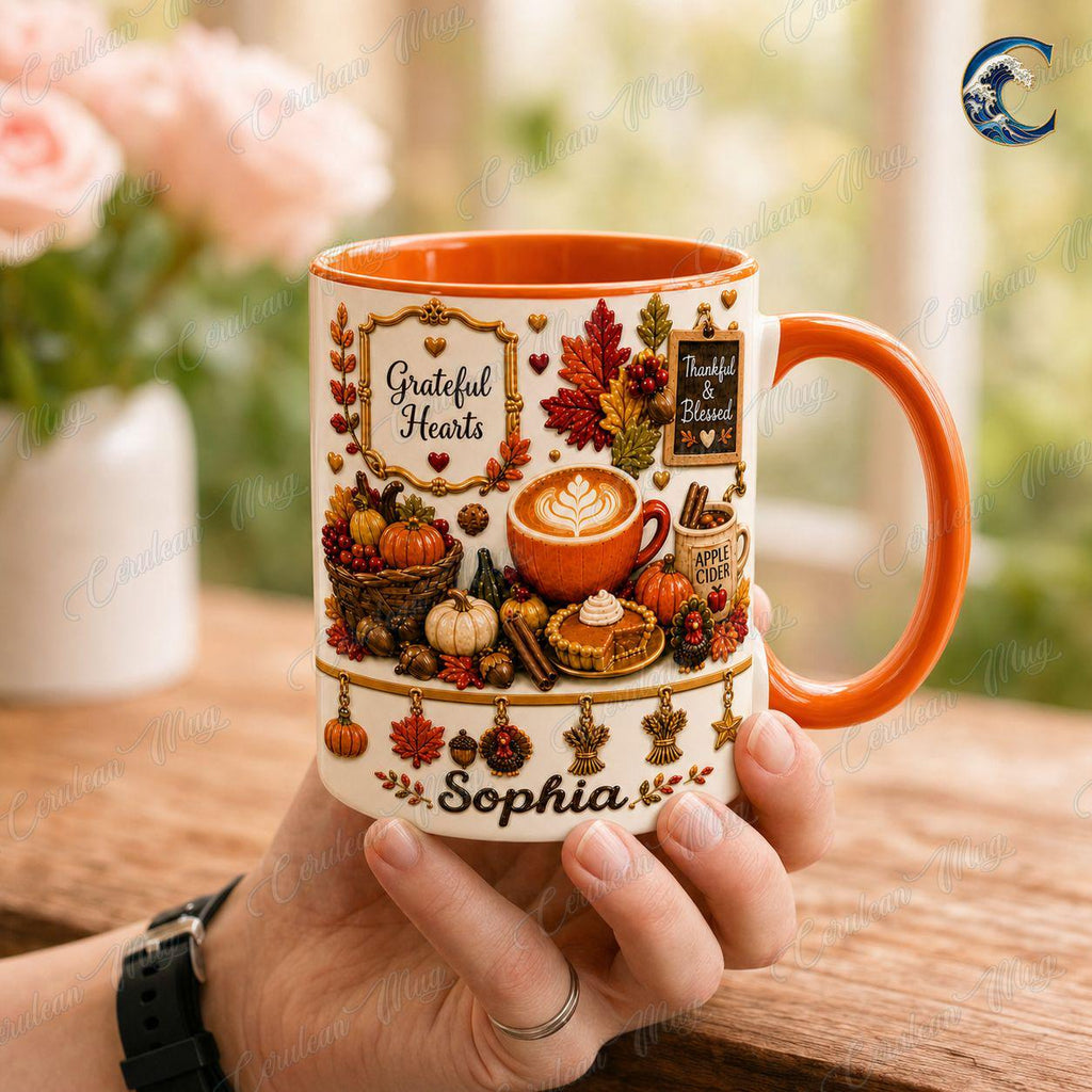 Personalized Grateful Hearts Mug, Thanksgiving Coffee Mug, Thankful Blessed Autumn Mug, Fall Season Mug, Gratitude Holiday Gift