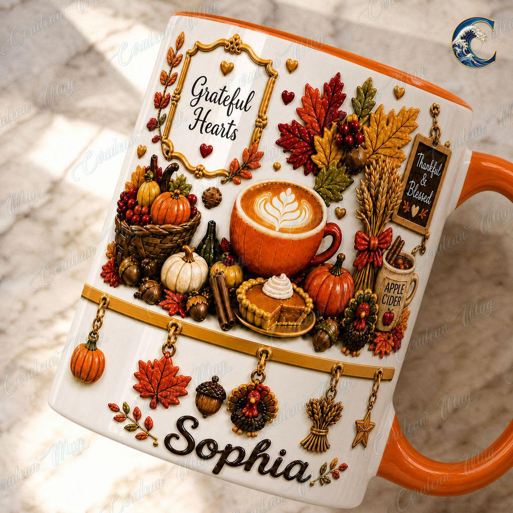 Personalized Grateful Hearts Mug, Thanksgiving Coffee Mug, Thankful Blessed Autumn Mug, Fall Season Mug, Gratitude Holiday Gift